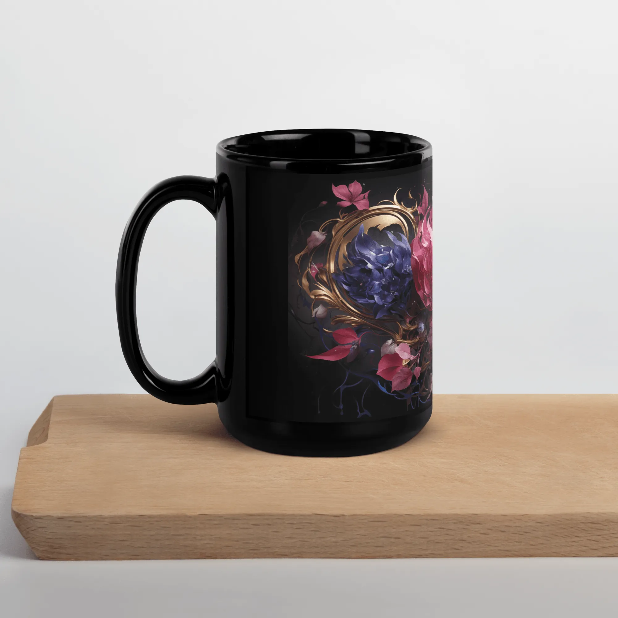 Four Flowers Black Glossy Mug