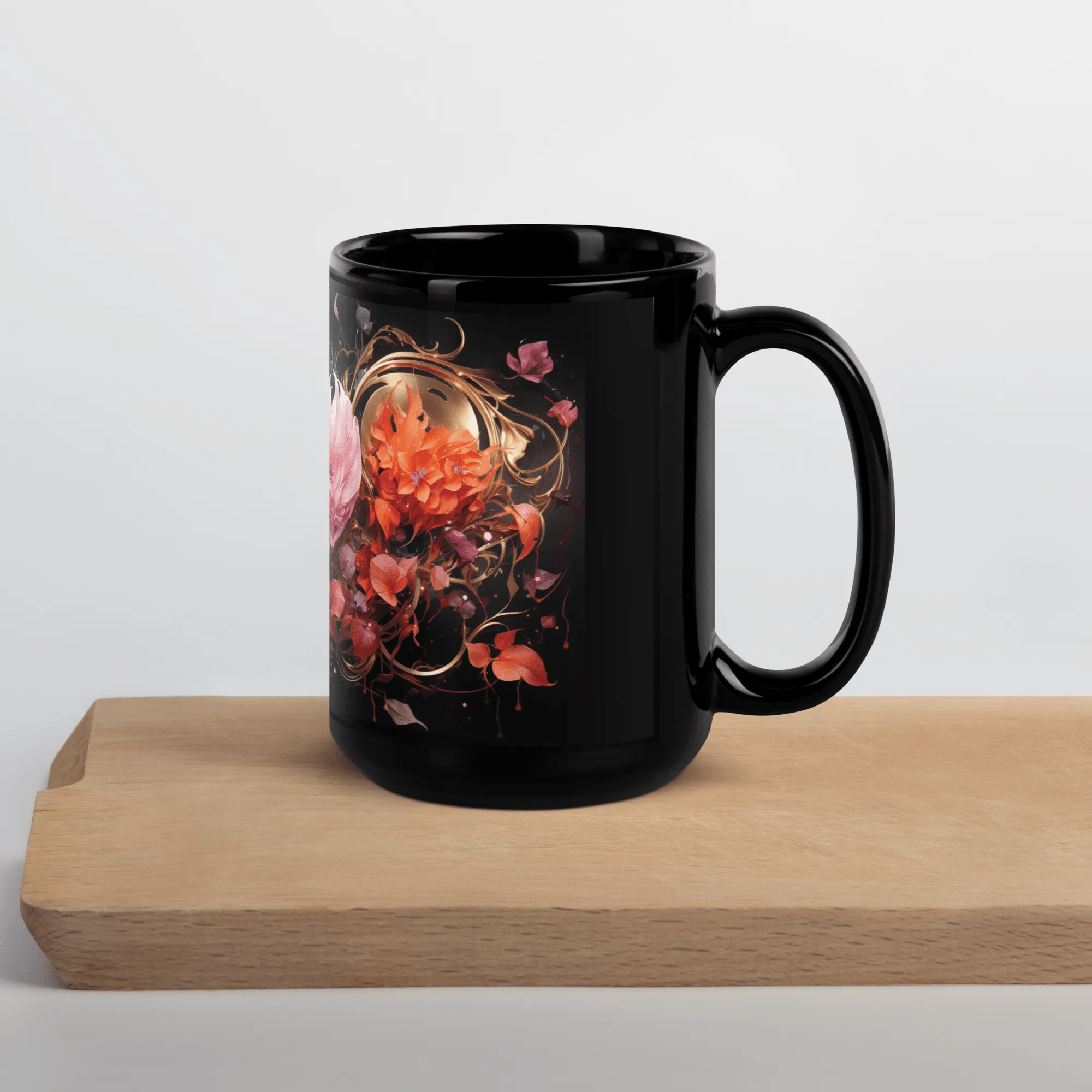 Four Flowers Black Glossy Mug