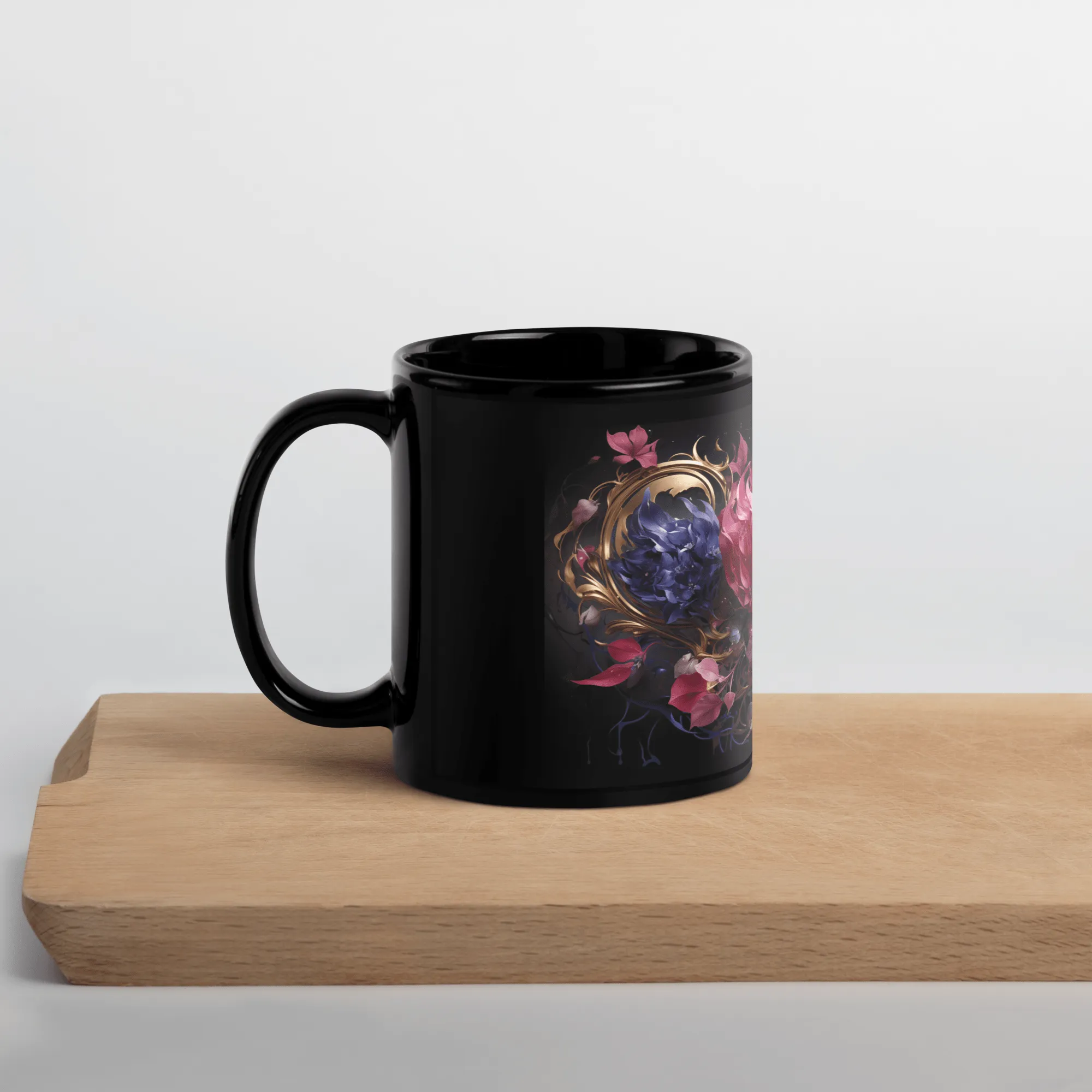 Four Flowers Black Glossy Mug