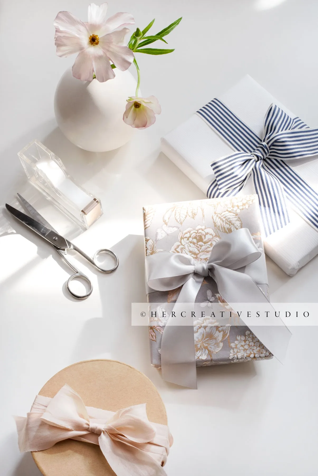 Gifts, Flowers & Scissors in Sunlight. Stock Image