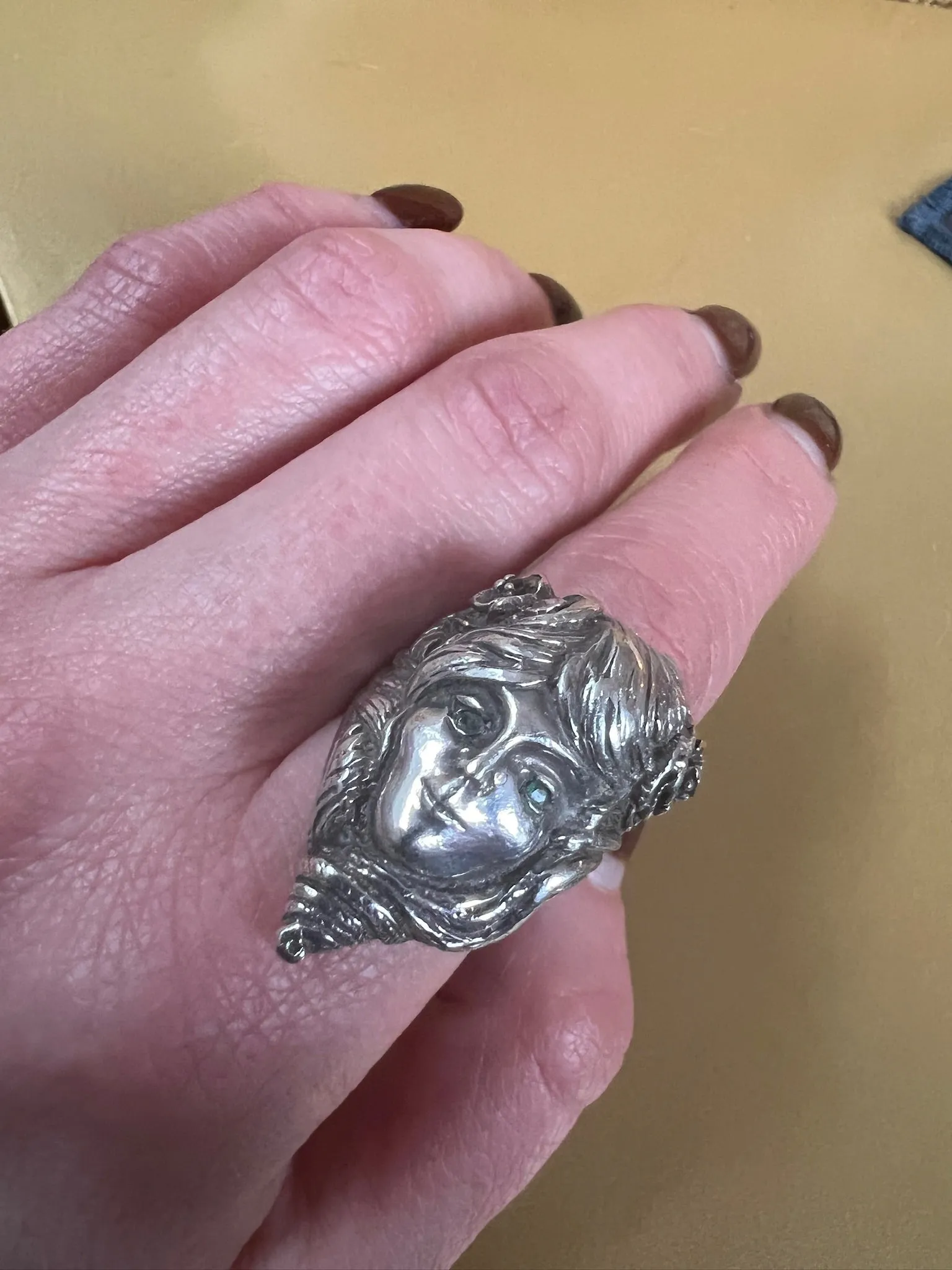 Green-Eyed Girl Art Nouveau Style Ring