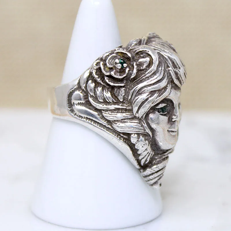 Green-Eyed Girl Art Nouveau Style Ring