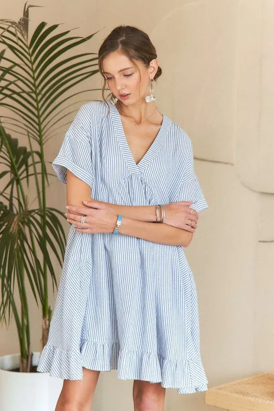 Hazel Blues® |  ADORA Ruffled Hem Striped V-Neck Babydoll Dress