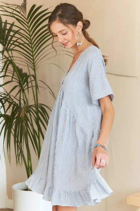 Hazel Blues® |  ADORA Ruffled Hem Striped V-Neck Babydoll Dress