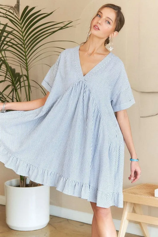 Hazel Blues® |  ADORA Ruffled Hem Striped V-Neck Babydoll Dress