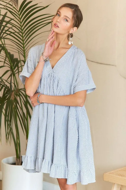 Hazel Blues® |  ADORA Ruffled Hem Striped V-Neck Babydoll Dress