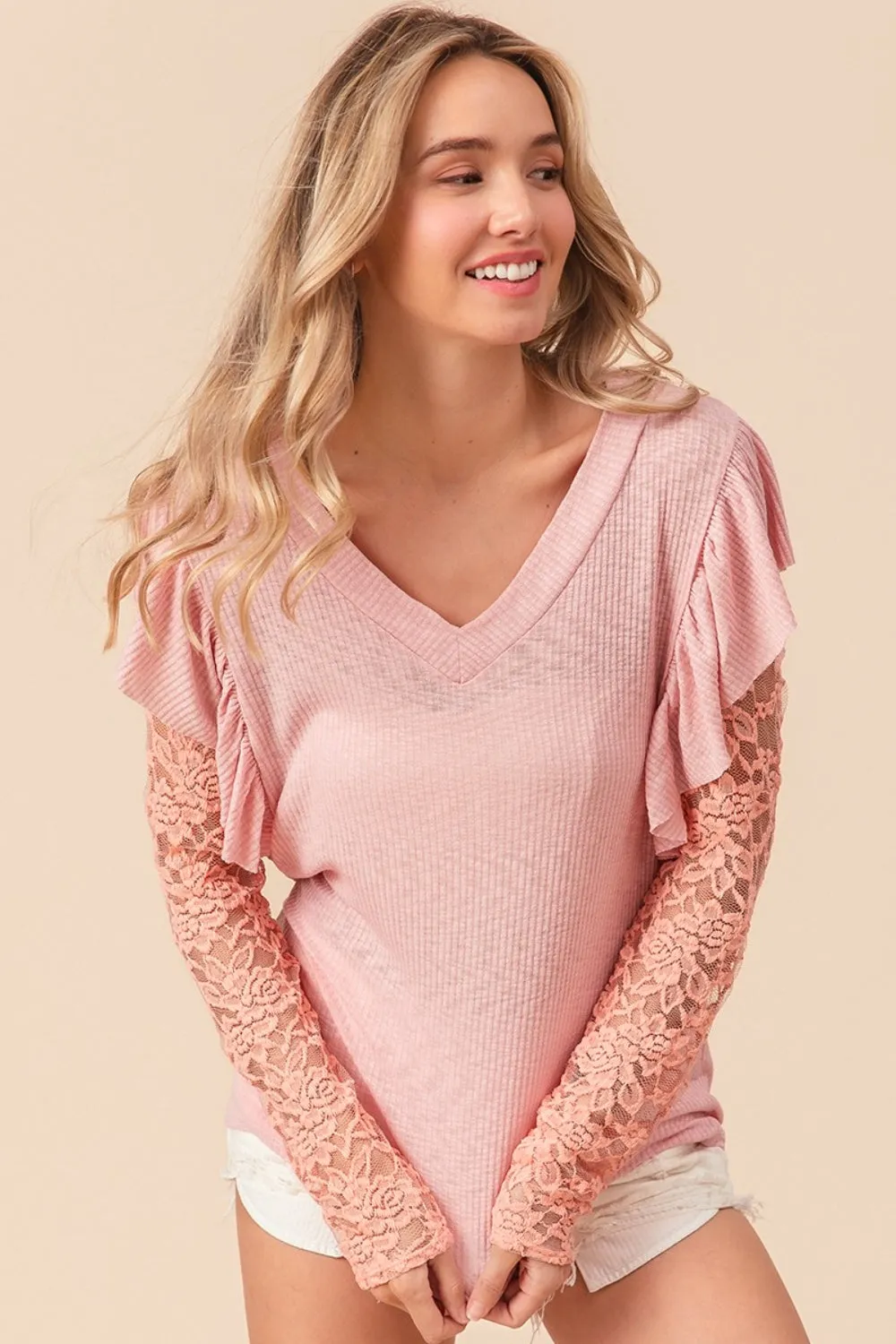 Hazel Blues® |  BiBi Ruffled Lace Sleeve Rib Knit Top