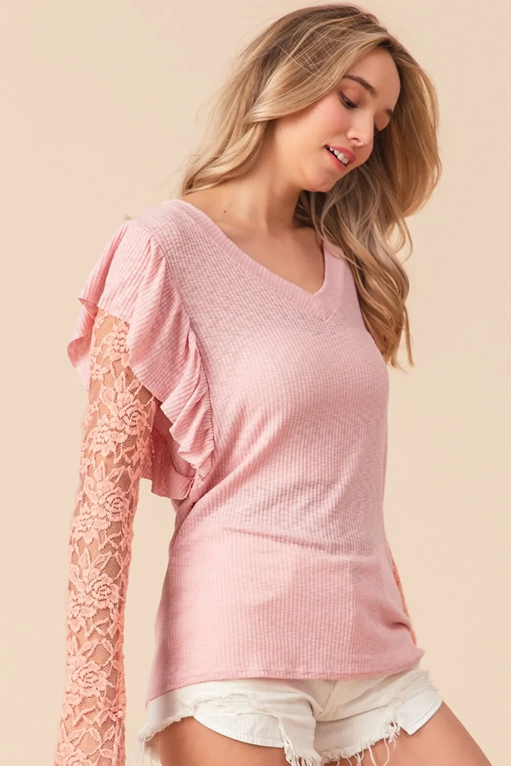 Hazel Blues® |  BiBi Ruffled Lace Sleeve Rib Knit Top