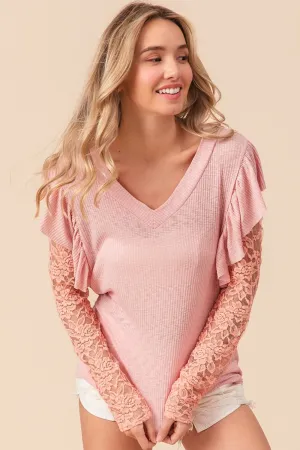 Hazel Blues® |  BiBi Ruffled Lace Sleeve Rib Knit Top