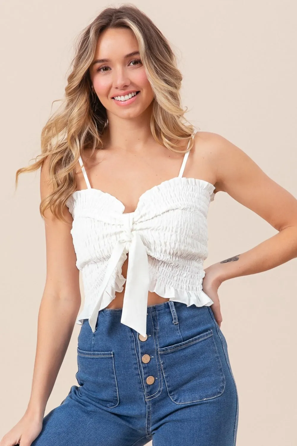 Hazel Blues® |  BiBi Ruffled Smocked Ribbon Detail Cami