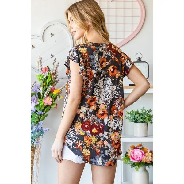 Heimish Full Size Ruffled Floral Round Neck Cap Sleeve Blouse