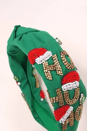 Ho Ho Ho Christmas Holiday Seed Bead Headband: Green