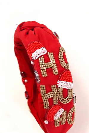 Ho Ho Ho Christmas Holiday Seed Bead Headband: Red