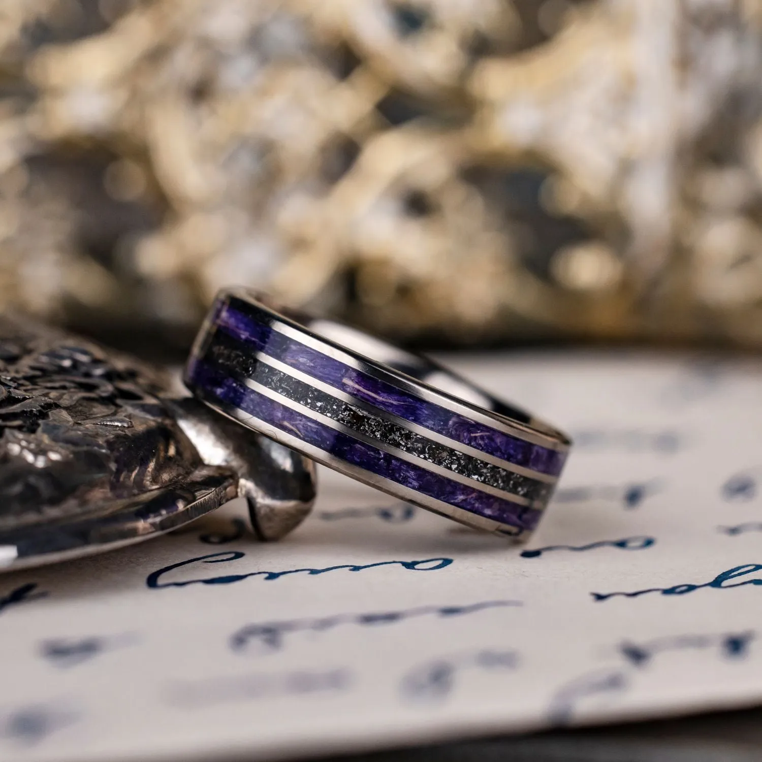 (In-Stock) The Field to Sky | Women's Titanium Wedding Band with Meteorite and Sea Lavender - Size 6.75 | 6mm Wide