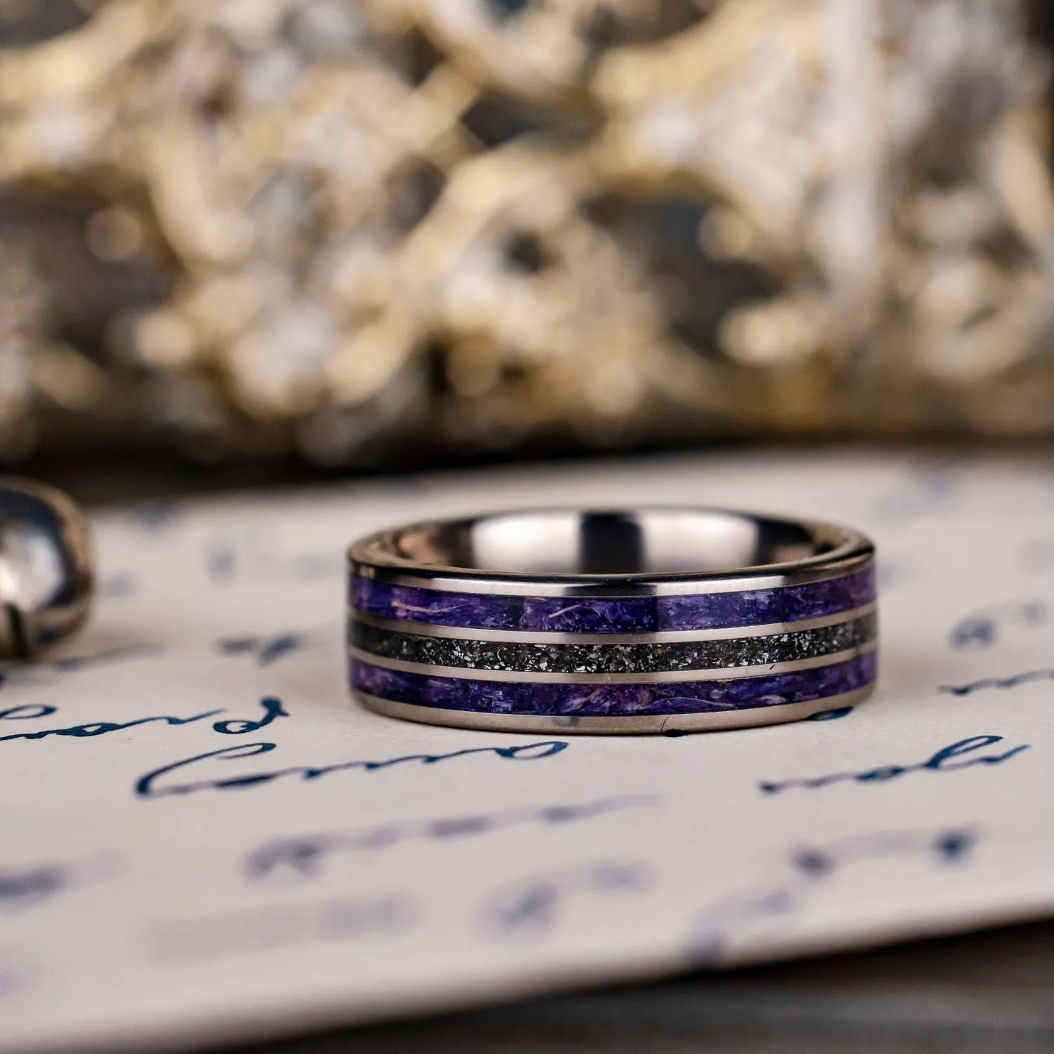 (In-Stock) The Field to Sky | Women's Titanium Wedding Band with Meteorite and Sea Lavender - Size 6.75 | 6mm Wide