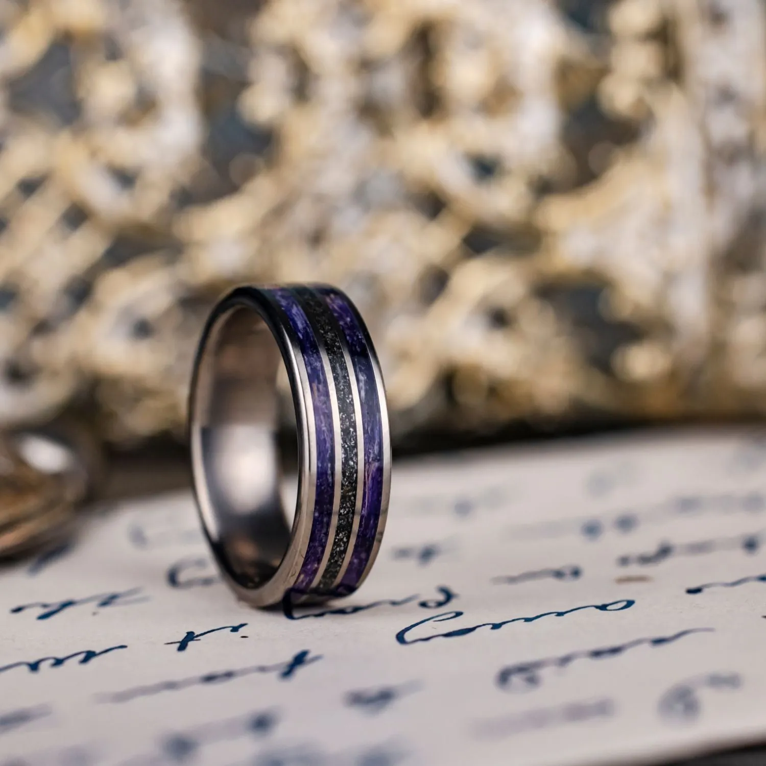 (In-Stock) The Field to Sky | Women's Titanium Wedding Band with Meteorite and Sea Lavender - Size 6.75 | 6mm Wide