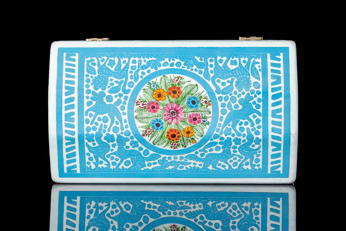 Light Blue & White Mexican Lacquered Wood Box