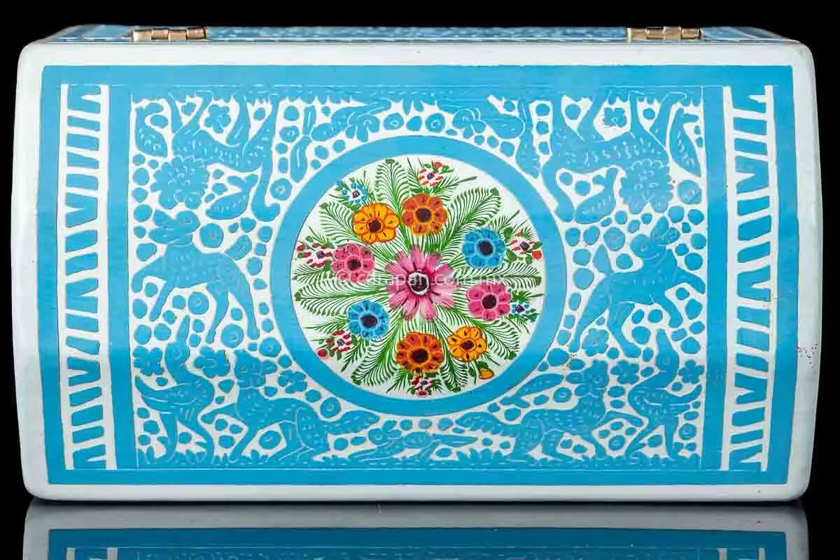 Light Blue & White Mexican Lacquered Wood Box