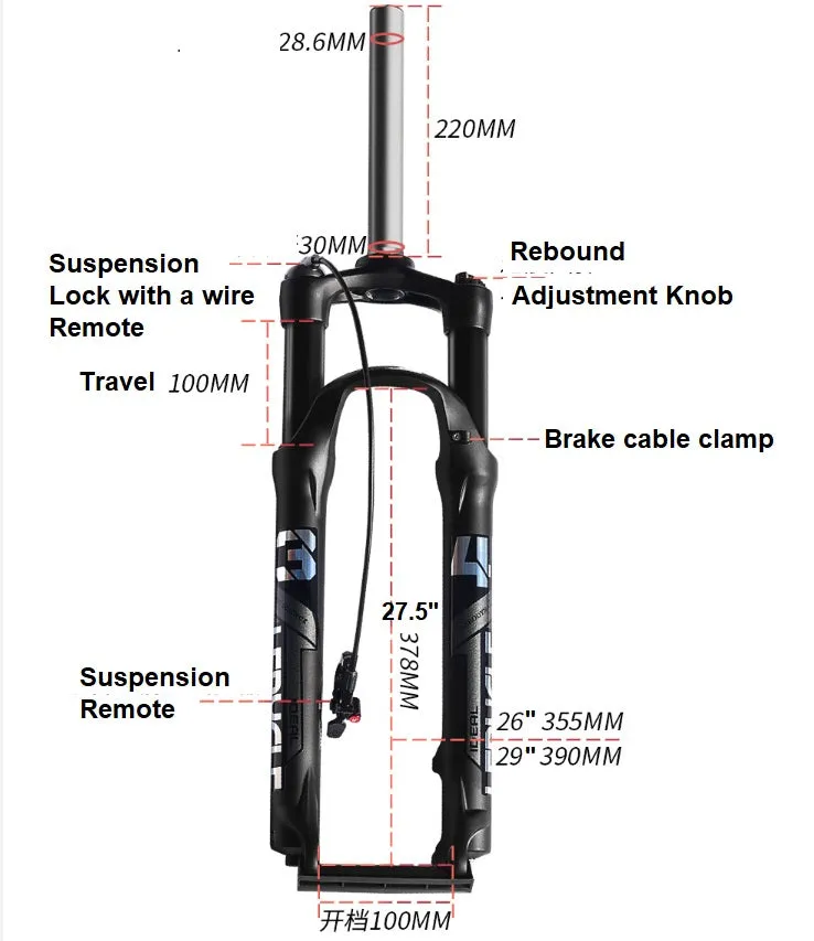 MTB Bike Fork - 27.5", Spring Suspension Oil Rebound, Wired Remote, 10cm Travel