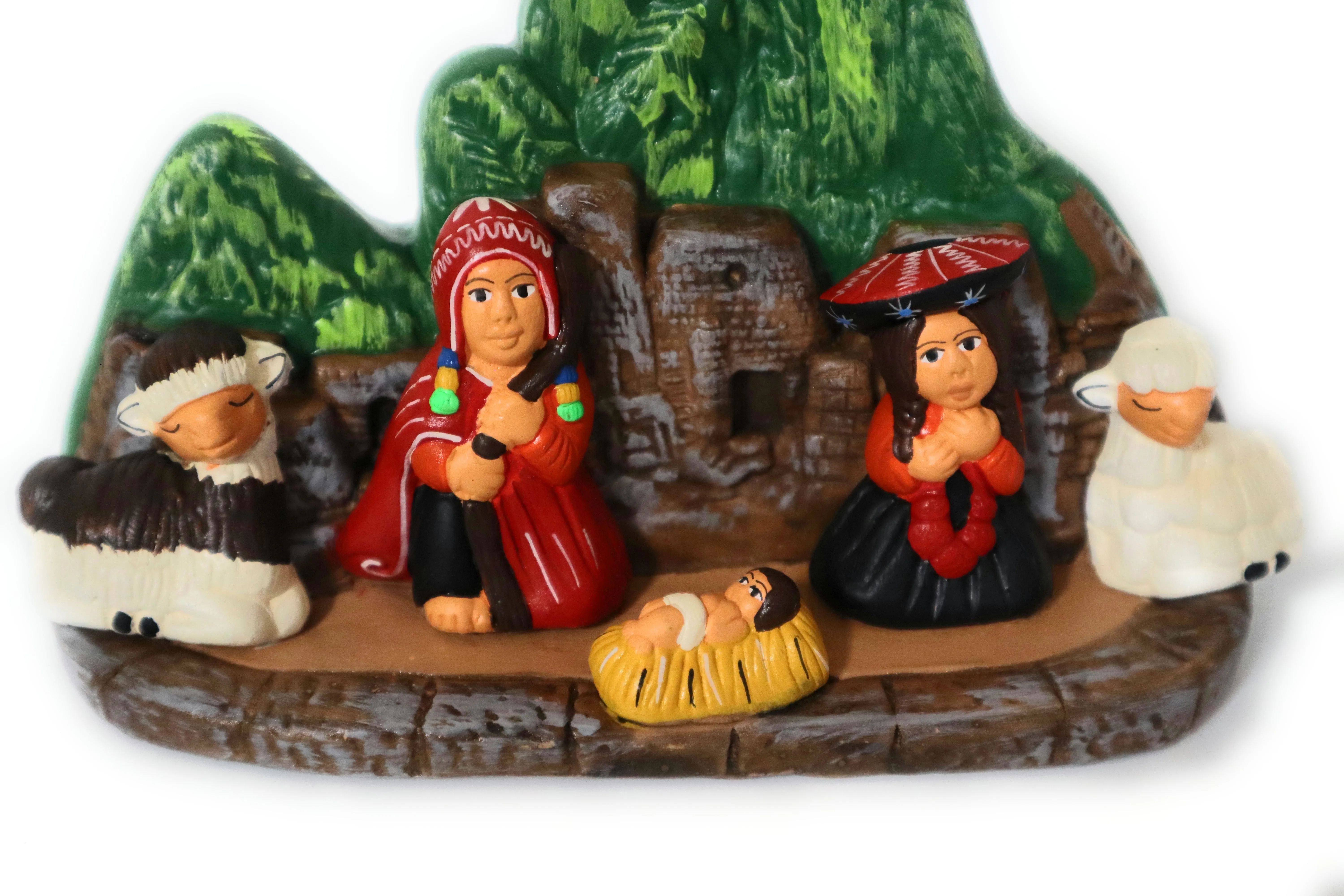 Nativity Christmas Decor Ceramic Peruvian Handmade Pottery Folk Art Nacimiento in Machu Picchu Scene Andean Style 5.75" Tall