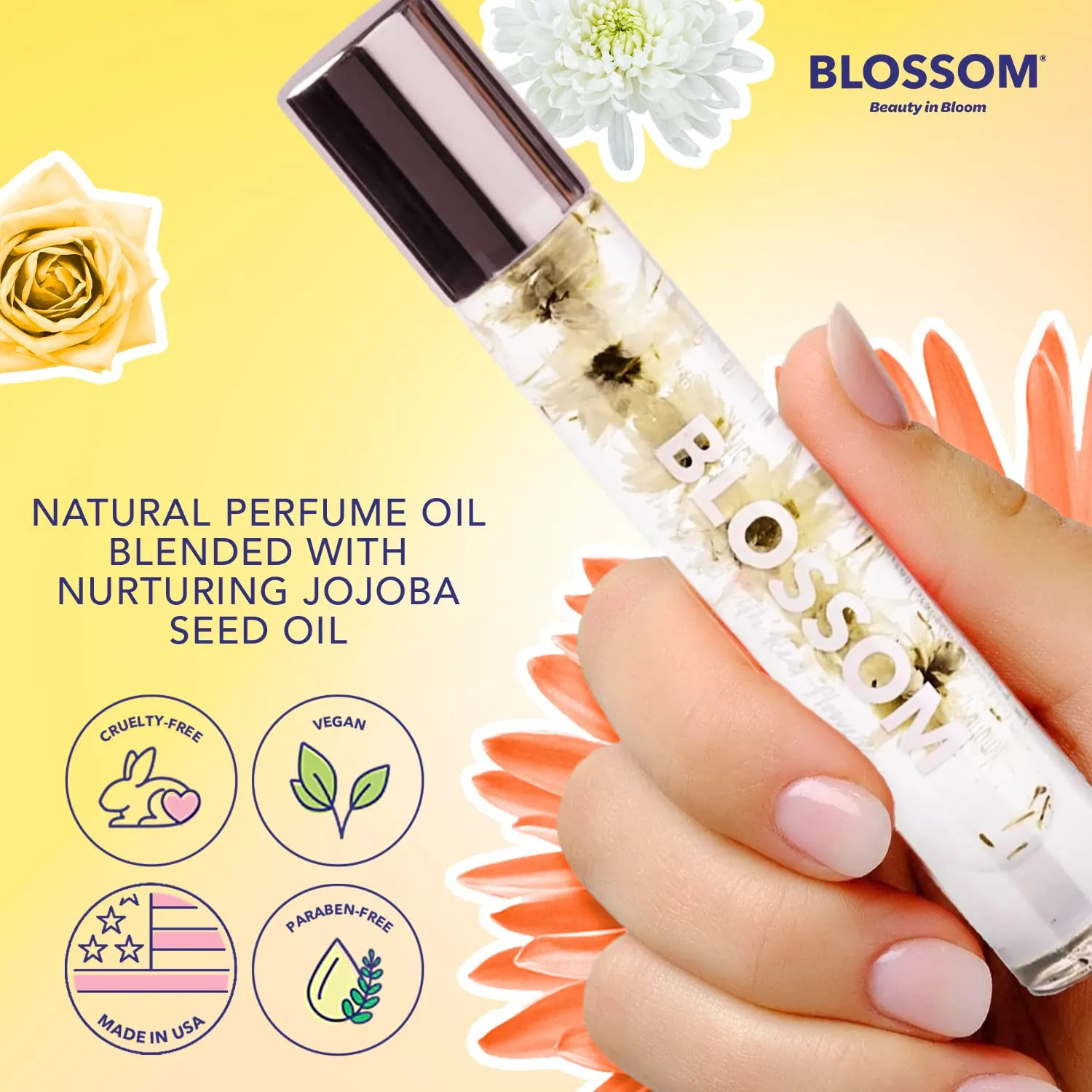 New Blossom Roll on Rollerball Perfume Oil with Natural Ingredients   Essential Oils, Infused with Real Flowers, Made in USA, 0.20 fl. oz./5.9 ml, Luxe White Peony