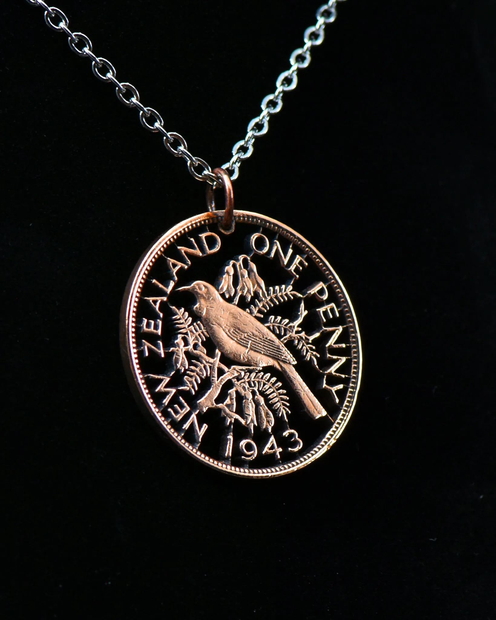 New Zealand - Tui Bird Cut Coin Pendant (with words)