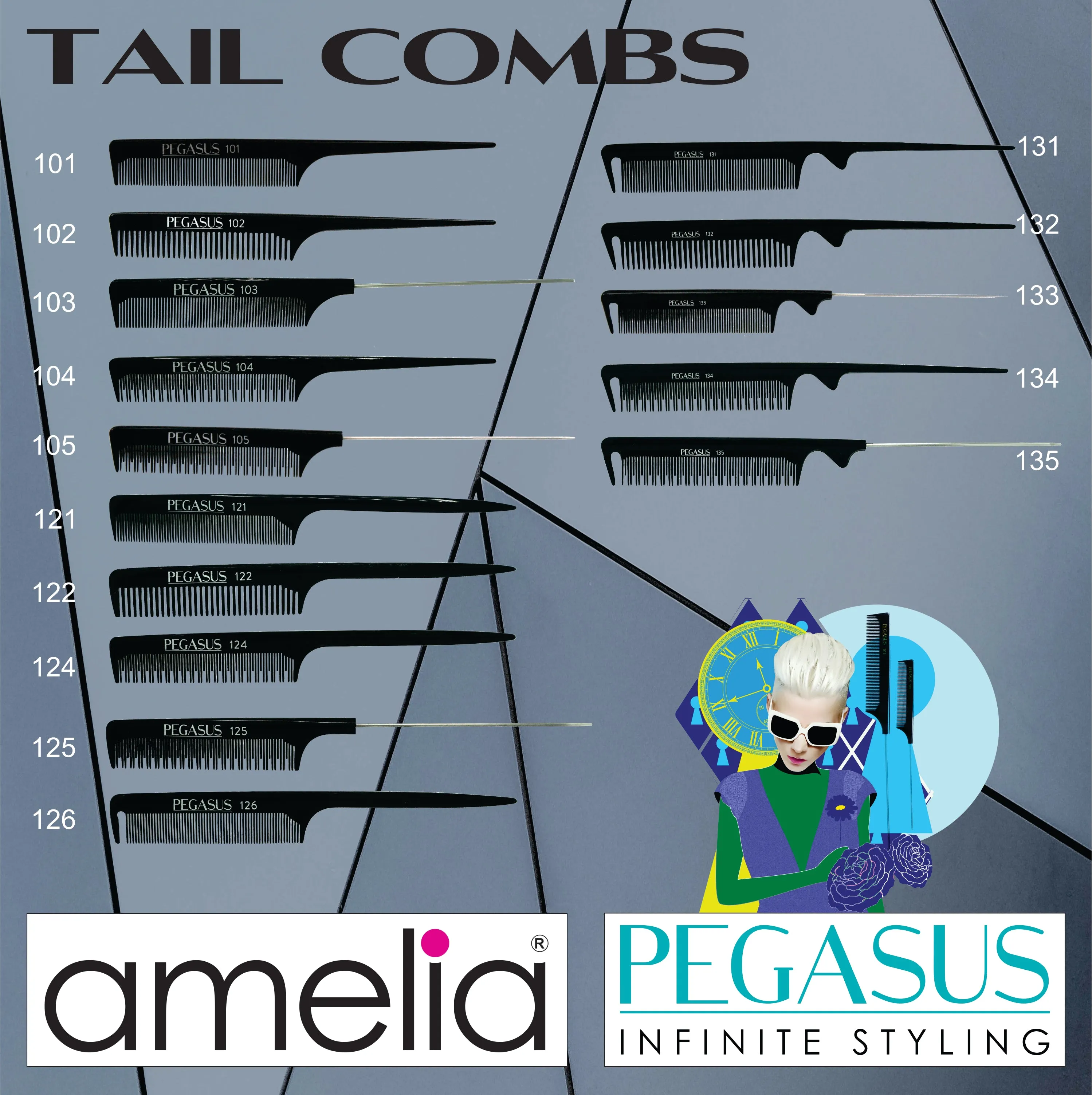 Pegasus 101, 8in Hard Rubber Fine Tooth Rat Tail Comb, Handmade, Seamless, Smooth Edges, Anti Static, Heat and Chemically Resistant, Great for Parting, Coloring Hair | Peines de goma dura - Black
