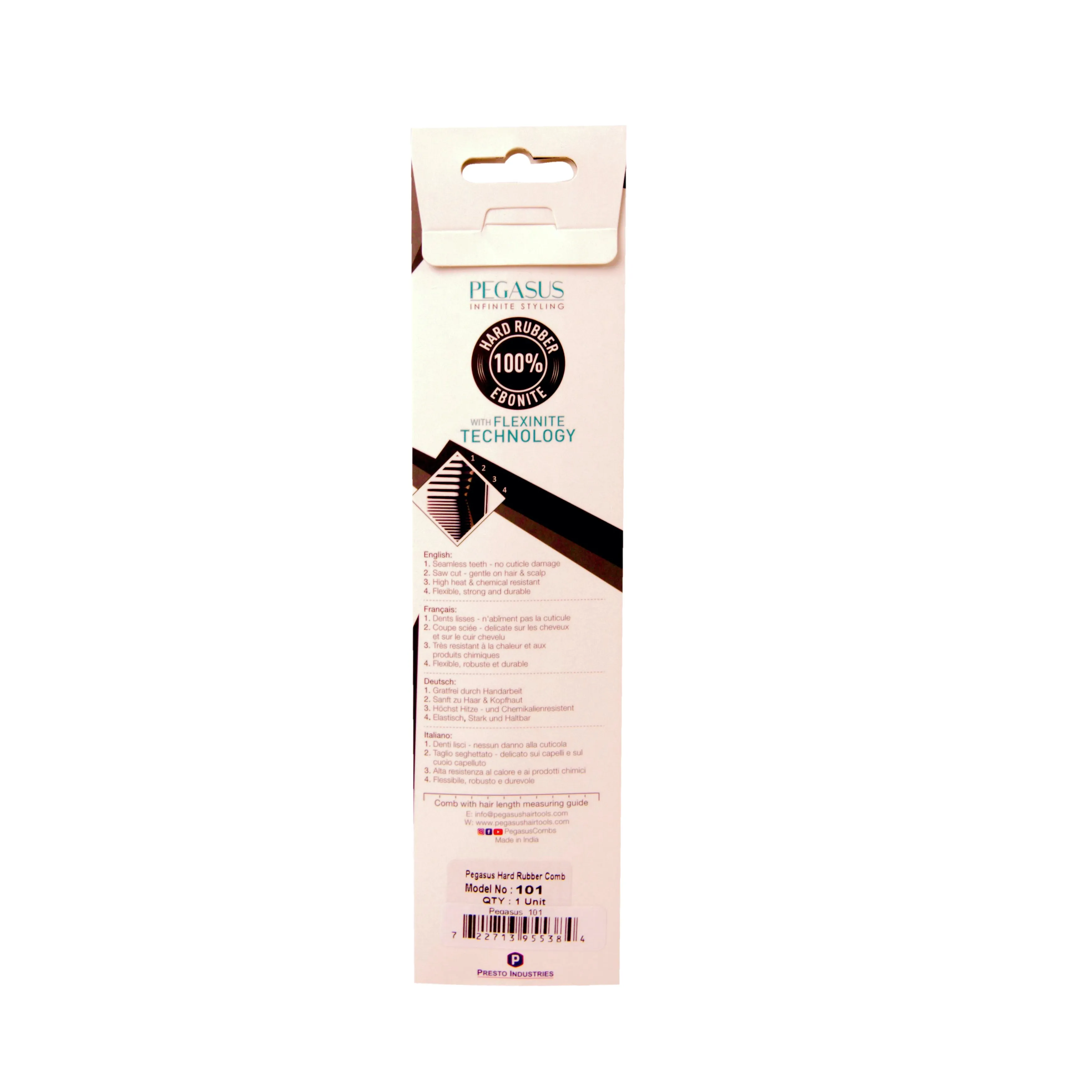 Pegasus 101, 8in Hard Rubber Fine Tooth Rat Tail Comb, Handmade, Seamless, Smooth Edges, Anti Static, Heat and Chemically Resistant, Great for Parting, Coloring Hair | Peines de goma dura - Black