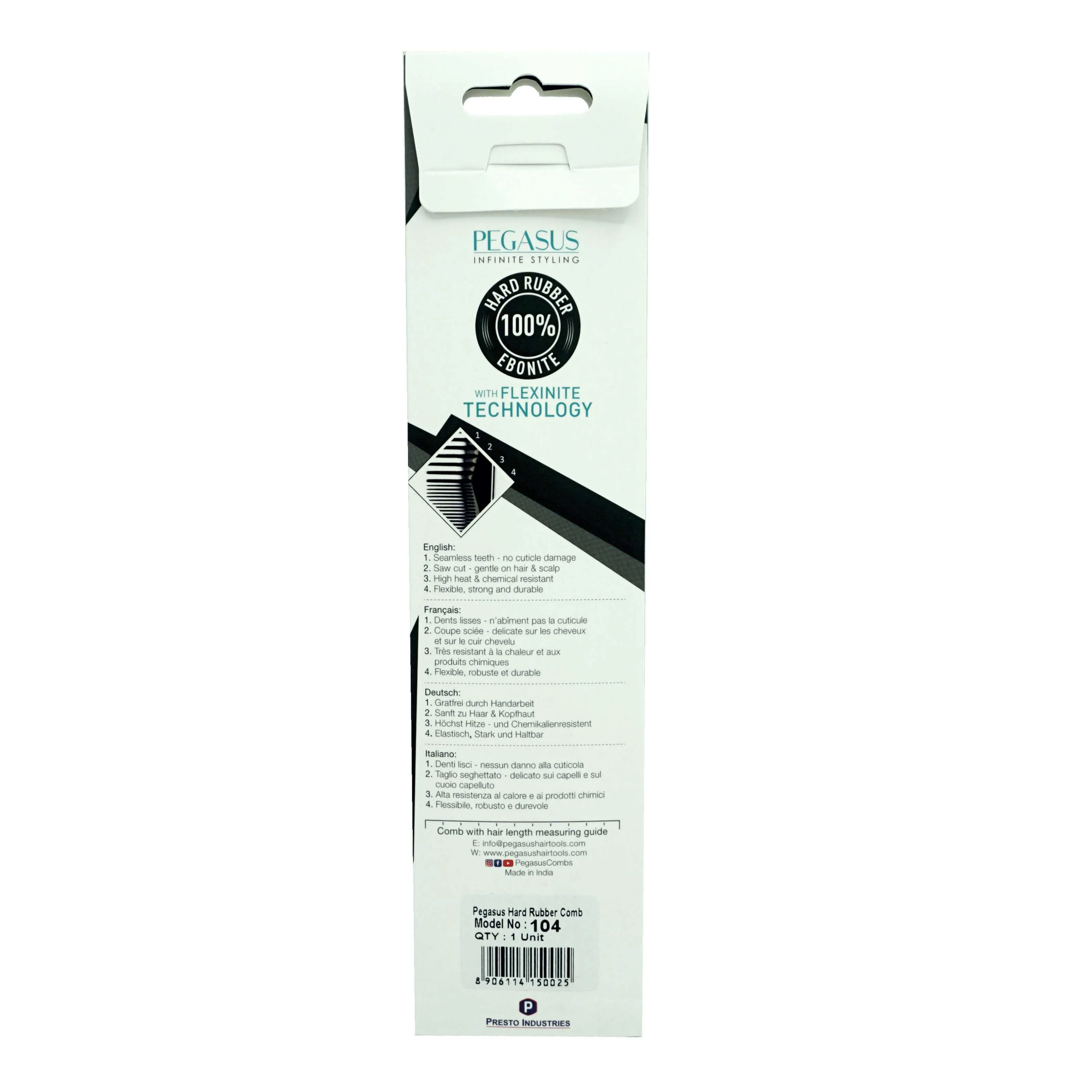 Pegasus 104, 8in Hard Rubber Rat Tail Tease Comb, Handmade, Seamless, Smooth Edges, Anti Static, Heat and Chemically Resistant, Great for Parting, Coloring Hair | Peines de goma dura - Black