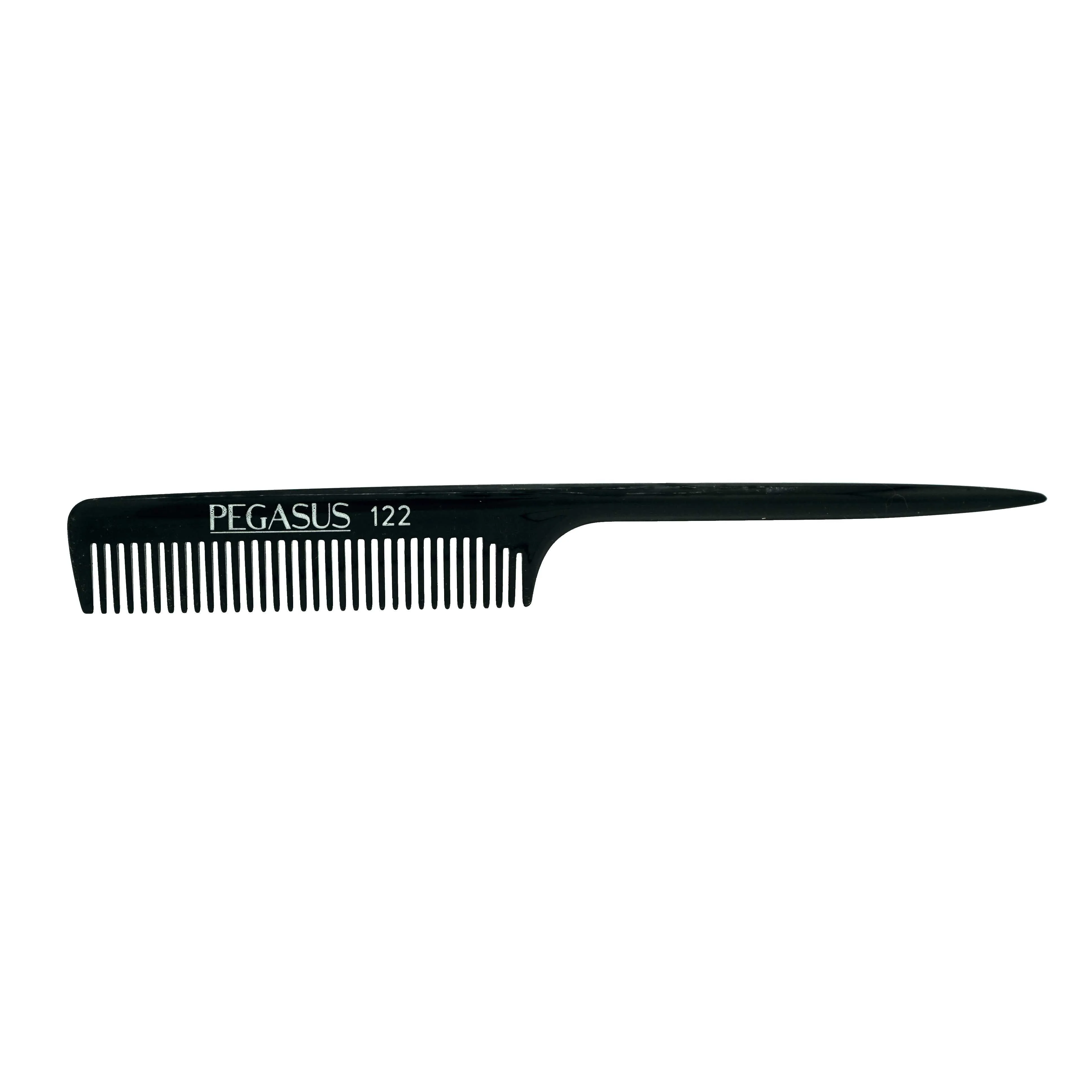 Pegasus 122, 8in Hard Rubber Rat Tail Comb - Course Tooth, Handmade, Seamless, Smooth Edges, Anti Static, Heat and Chemically Resistant, Great for Parting, Coloring Hair | Peines de goma dura - Black