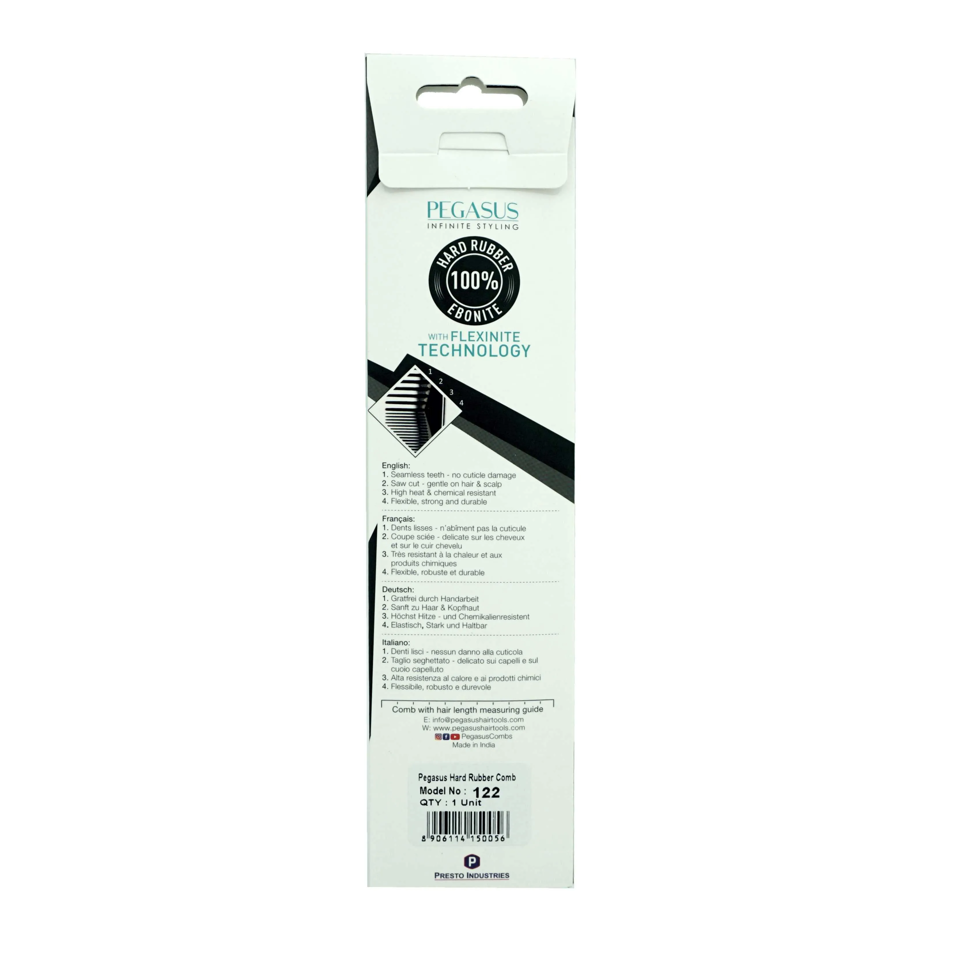 Pegasus 122, 8in Hard Rubber Rat Tail Comb - Course Tooth, Handmade, Seamless, Smooth Edges, Anti Static, Heat and Chemically Resistant, Great for Parting, Coloring Hair | Peines de goma dura - Black