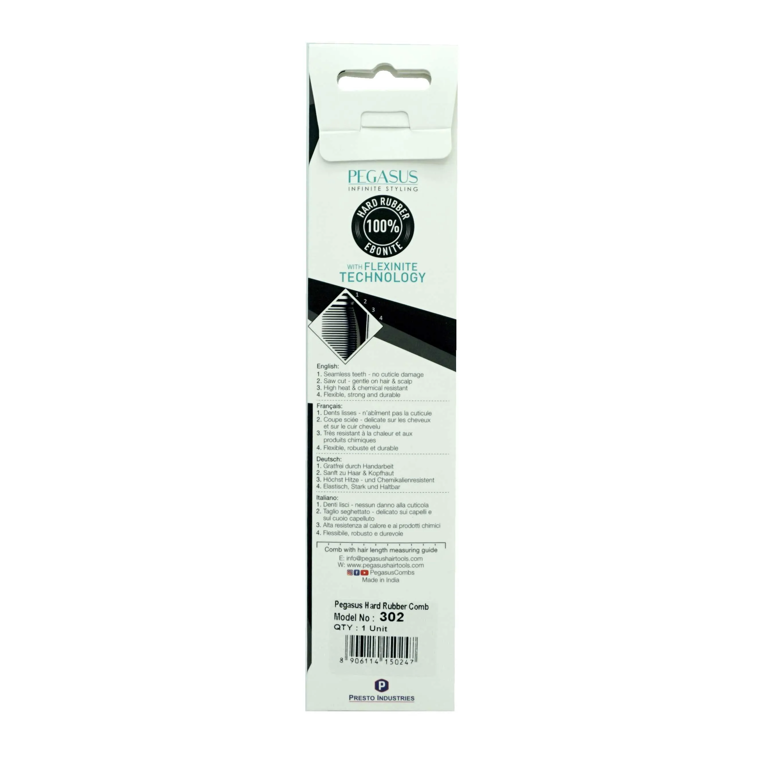 Pegasus 302, 7in Hard Rubber Barber Comb with Extra Fine Teeth, Seamless, Smooth Edges, Anti Static, Heat and Chemically Resistant, Wet Hair, Everyday Grooming Comb | Peines de goma dura - Black