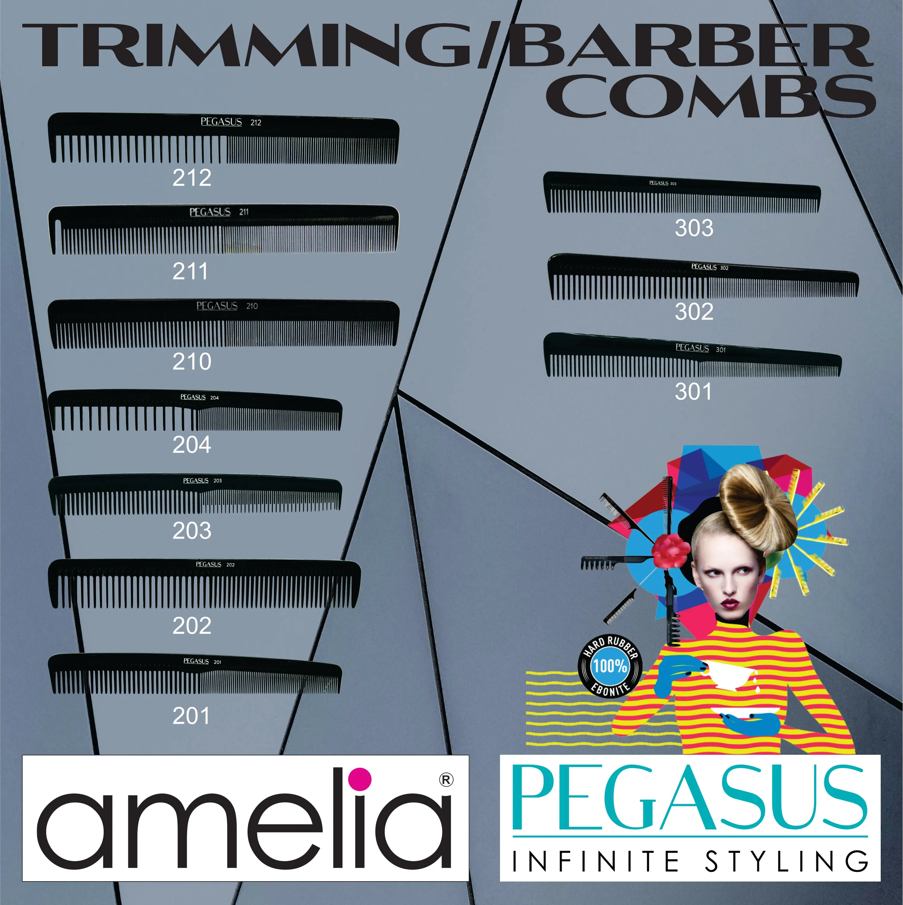 Pegasus 302, 7in Hard Rubber Barber Comb with Extra Fine Teeth, Seamless, Smooth Edges, Anti Static, Heat and Chemically Resistant, Wet Hair, Everyday Grooming Comb | Peines de goma dura - Black