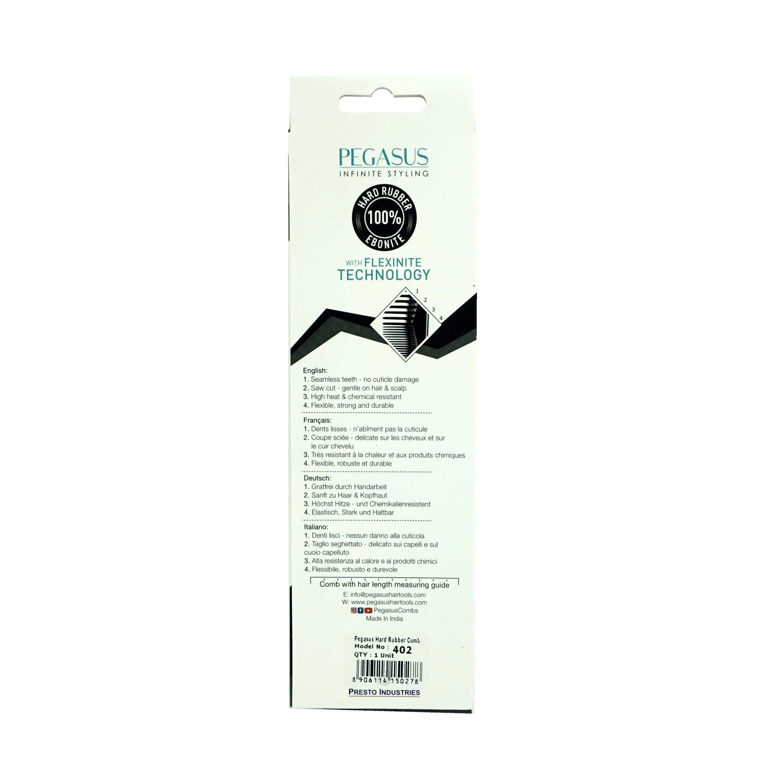Pegasus 402, 5in Hard Rubber Wide Tooth Tall Styling Comb, Handmade, Seamless, Smooth Edges, Anti Static, Heat and Chemically Resistant, Wet Hair, Everyday Grooming Comb | Peines de goma dura - Black