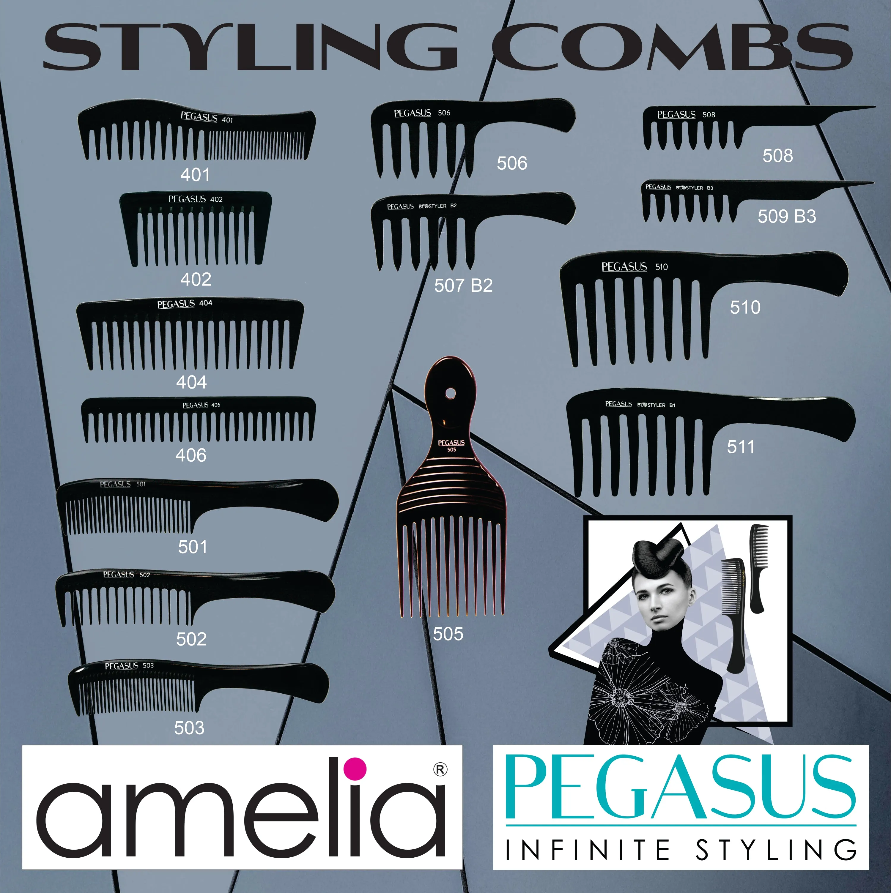 Pegasus 507_b2, 6.5in Curved Detangling Handled Styling Rake Comb, Seamless, Smooth Edges, Anti Static, Heat and Chemically Resistant, Wet Hair, Everyday Grooming Comb | Peines de goma dura - Black