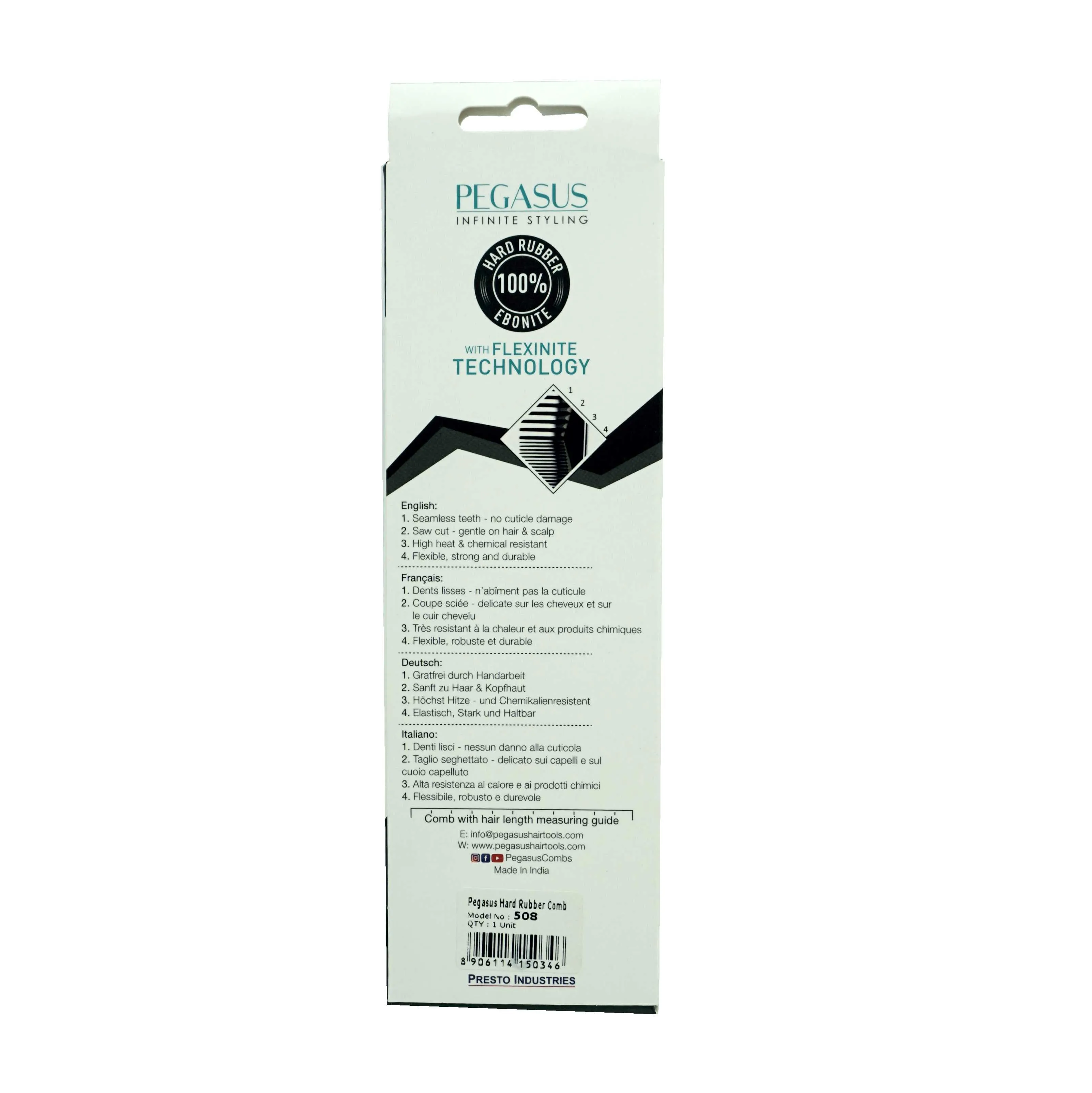 Pegasus 508, 7.5in Blow Dry Comb, Handmade, Seamless, Smooth Edges, Anti Static, Heat and Chemically Resistant, Wet Hair, Everyday Grooming Comb | Peines de goma dura - Black