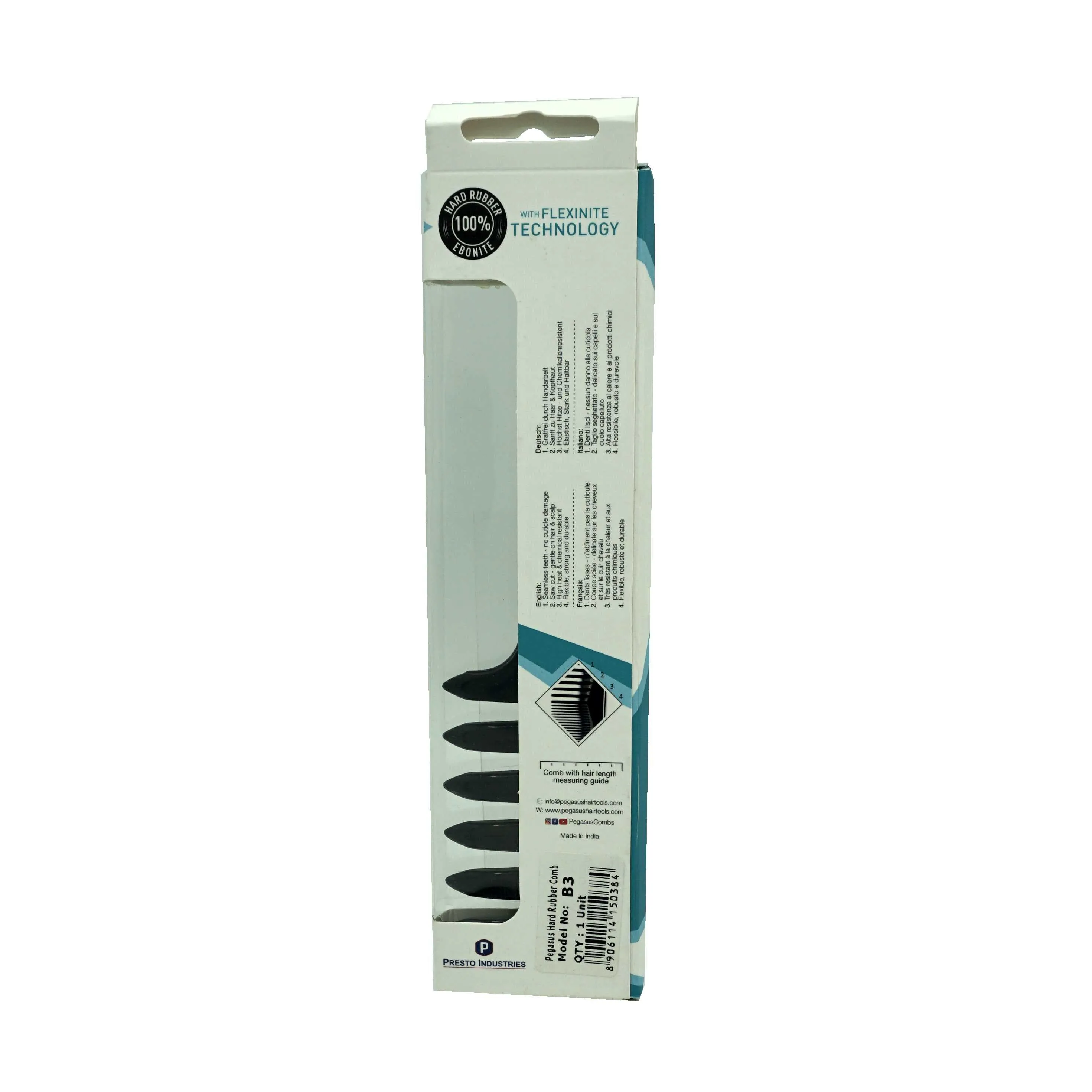 Pegasus 509_B3, 7in Blow Dry Comb, Handmade, Seamless, Smooth Edges, Anti Static, Heat and Chemically Resistant, Wet Hair, Everyday Grooming Comb | Peines de goma dura - Black