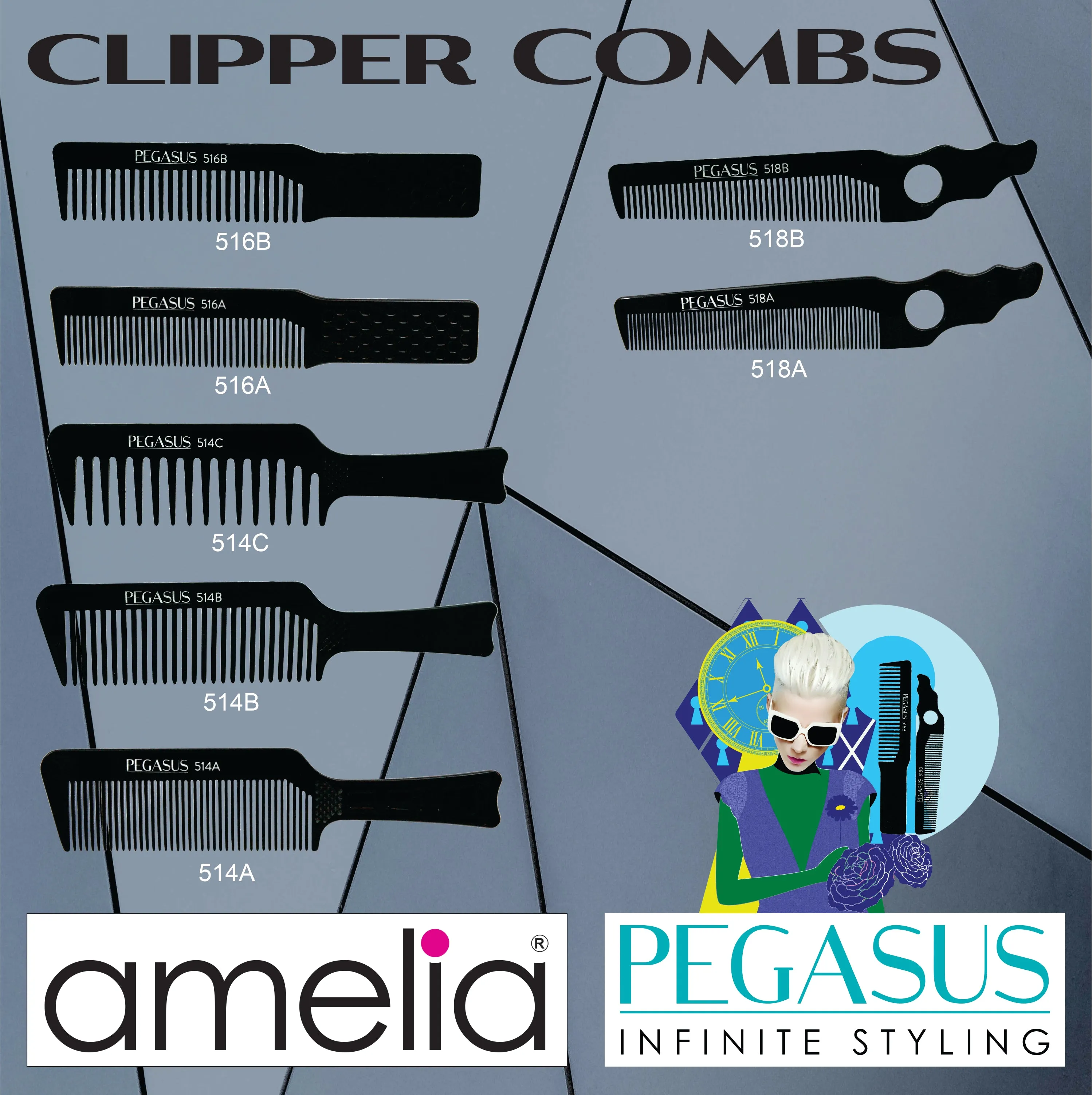 Pegasus 518A, 8in Hard Rubber Fine Tooth Barber Clipper Comb, Handmade, Seamless, Smooth Edges, Anti Static, Heat and Chemically Resistant Comb | Peines de goma dura - Black