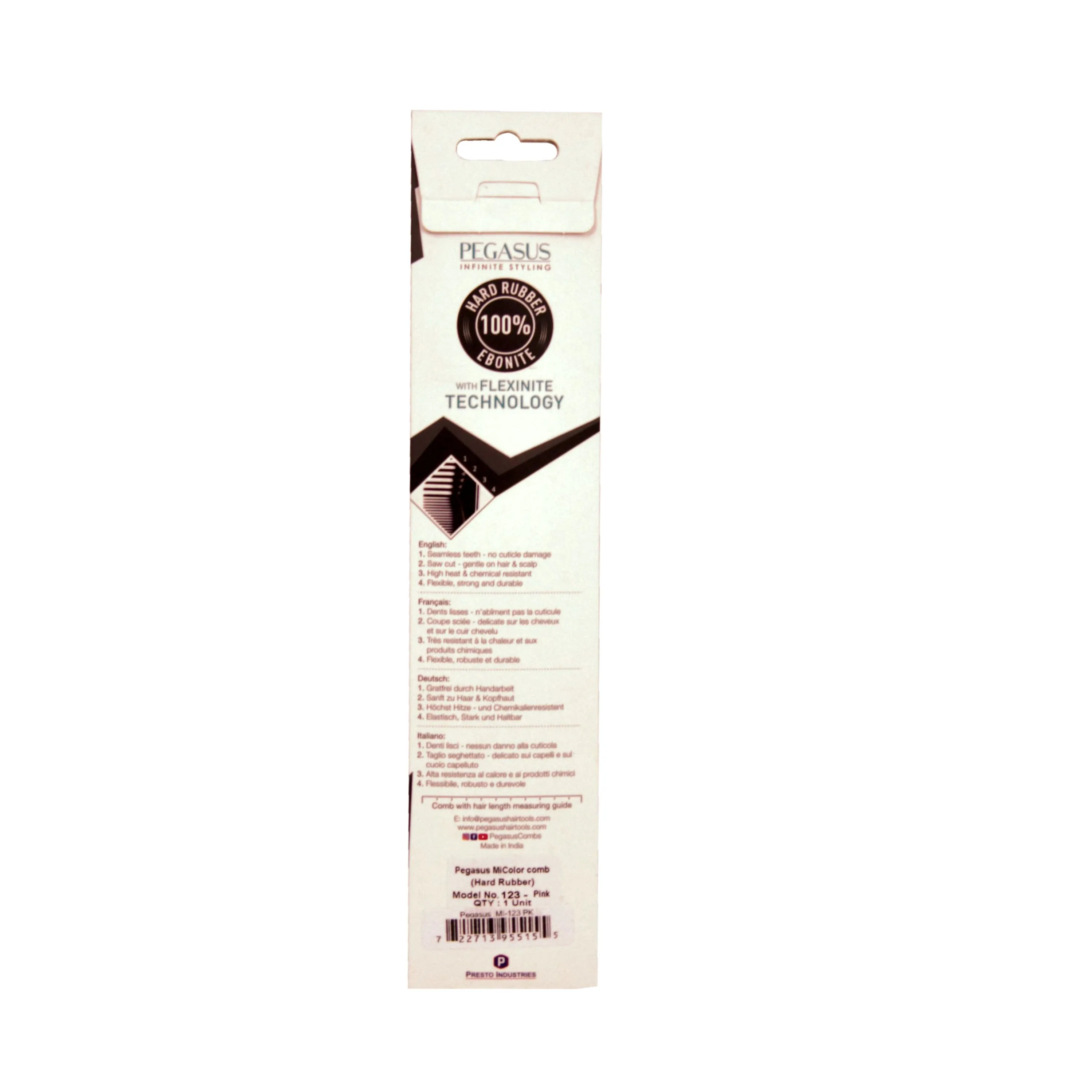 Pegasus MICOLOR 123, 9.75in Hard Rubber Fine Tooth Pintail Comb, Seamless, Anti Static, Heat and Chemically Resistant, Stainless Steel Pin, Great for Parting, Coloring Hair | Peines de goma dura - Pink