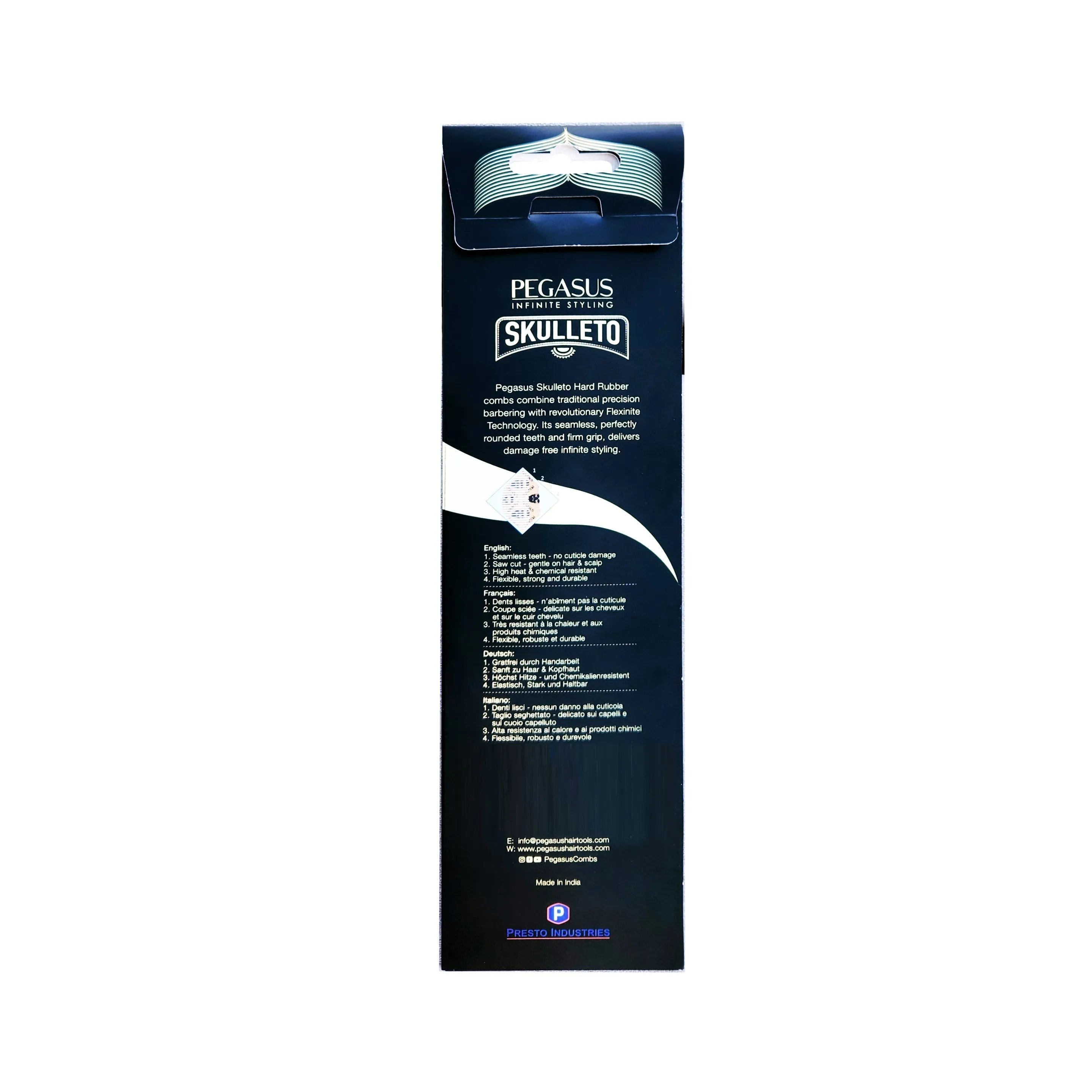 Pegasus Skulleto 303, 6.5in Hard Rubber Heavy Barber Comb, Handmade, Seamless, Smooth Edges, Anti Static, Heat and Chemically Resistant, Wet Hair, Everyday Grooming Comb | Peines de goma dura - Silver