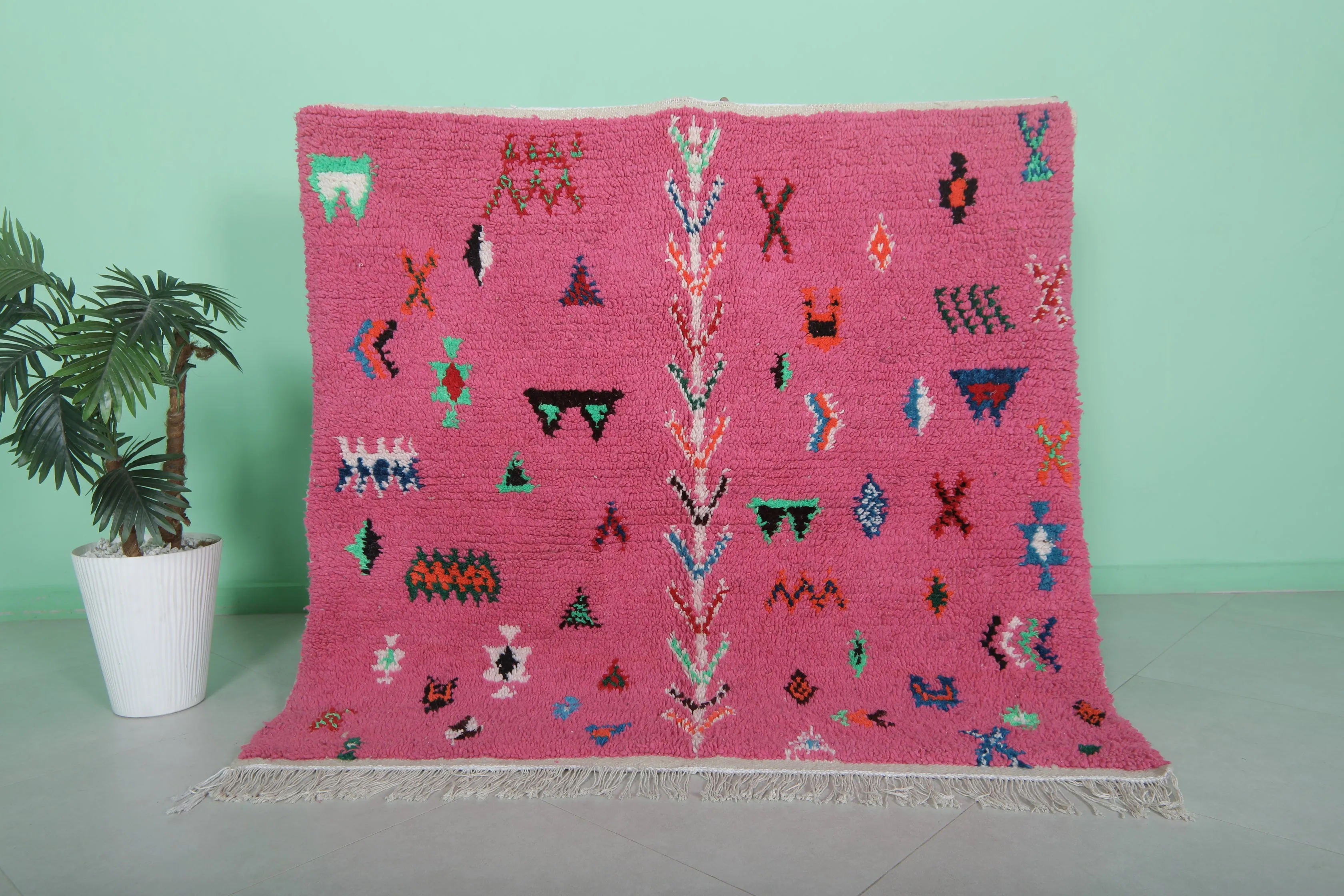Pink Moroccan Rug - Handmade 5 X 4.8 Feet | Vibrant Berber Design