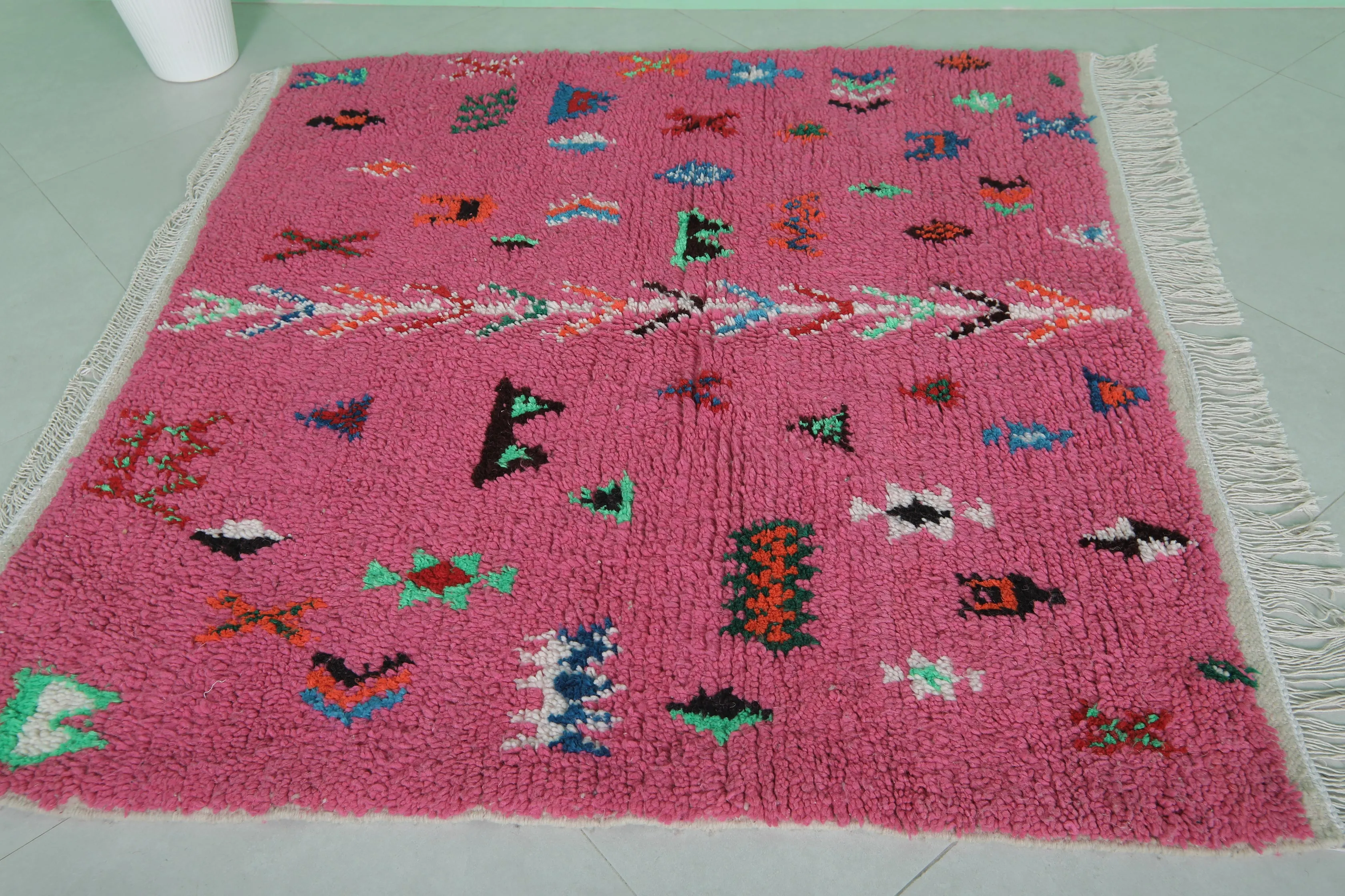 Pink Moroccan Rug - Handmade 5 X 4.8 Feet | Vibrant Berber Design