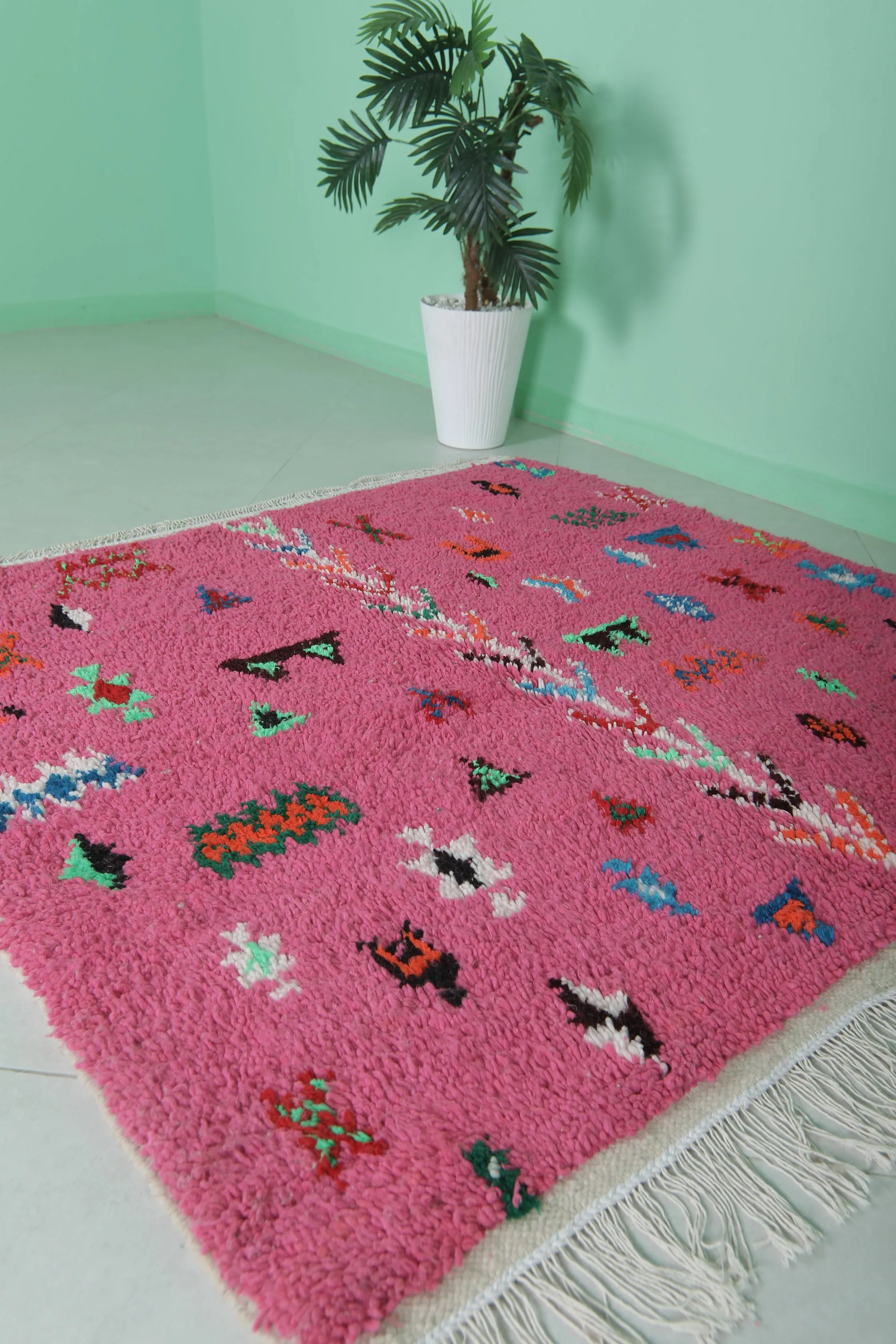 Pink Moroccan Rug - Handmade 5 X 4.8 Feet | Vibrant Berber Design