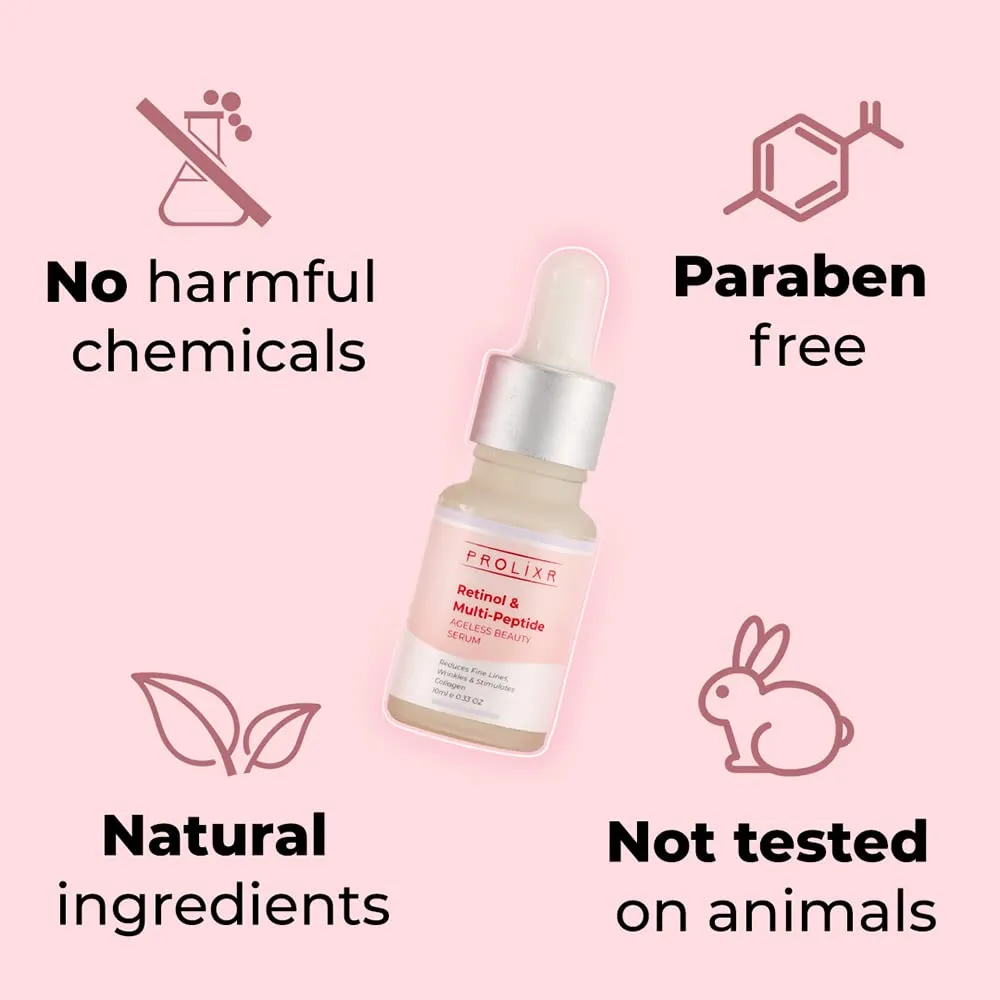Prolixr Retinol and multi peptide anti-ageing face serum - for younger looking & spotless skin - reduces fine lines & wrinkles - all skin types - 10 ml- travel friendly- mini