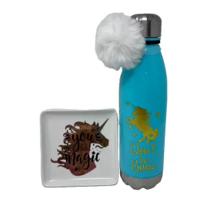 "Don't Be Basic" Unicorn Water Bottle and Trinket Tray