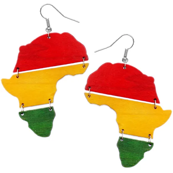 Red Yellow Green Africa Shape Wooden Earrings