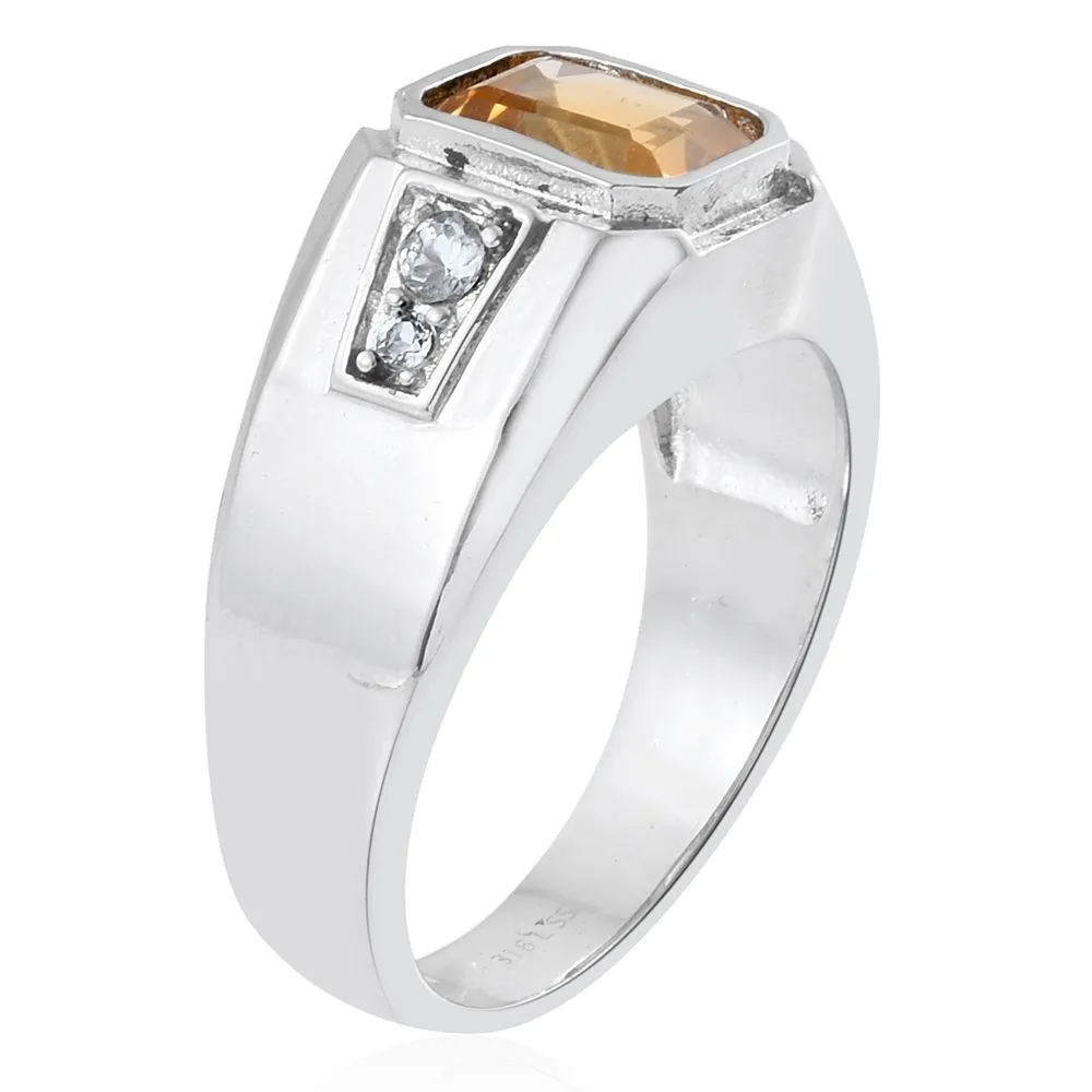 Stainless Steel 2.6 ct Yellow Brazilian CITRINE & White TOPAZ Men's Ring (Size 13)
