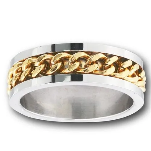 Stainless Steel Ring with Gold Chain