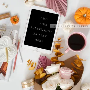 Tablet, Pumpkin & Flowers. Digital Stock Image.