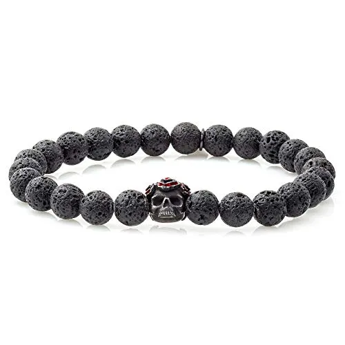 Tateossian Dead Skull Bracelet with Black Lava Beads, Large, 19 cm